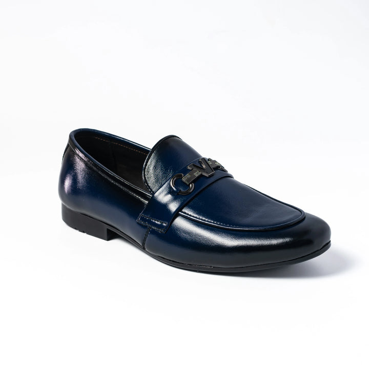 Men's Navy Blue Leather V-Buckle Loafers