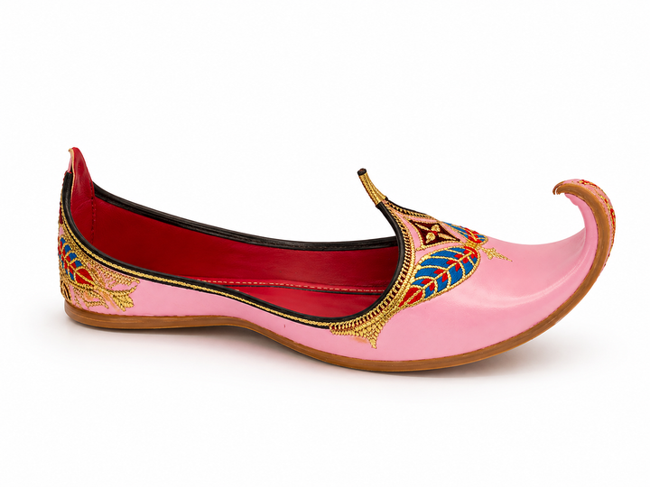 Pink Royal Mughal Khussa – Gold Zardozi & Blue Leaf Edition