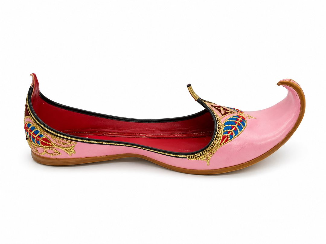 Pink Royal Mughal Khussa – Gold Zardozi & Blue Leaf Edition
