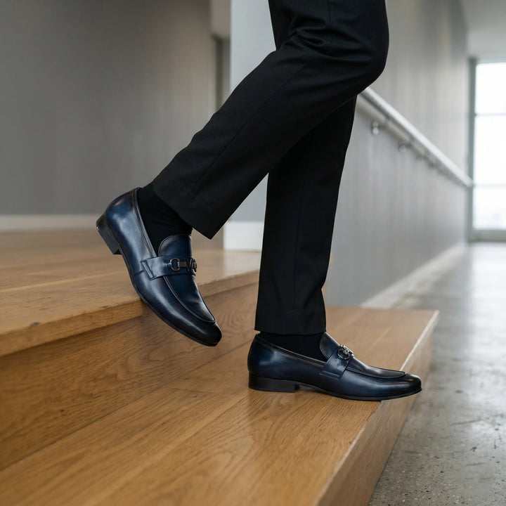 Men's Navy Blue Leather V-Buckle Loafers