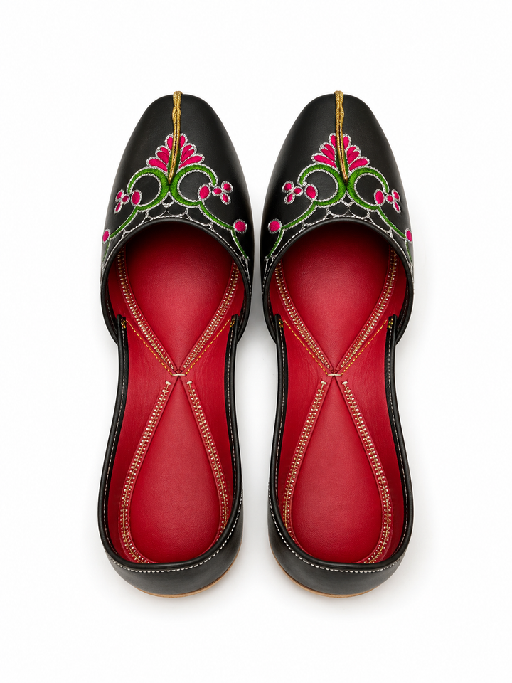 Black Green Pink Floral Jutti – Ladies Classic Flat