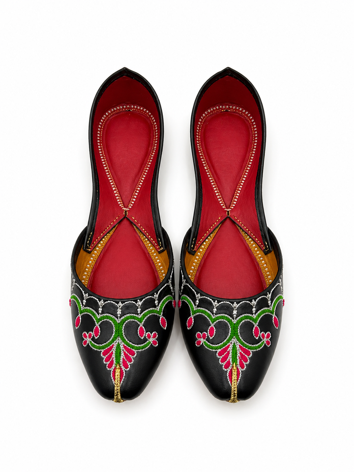 Black Green Pink Floral Jutti – Ladies Classic Flat