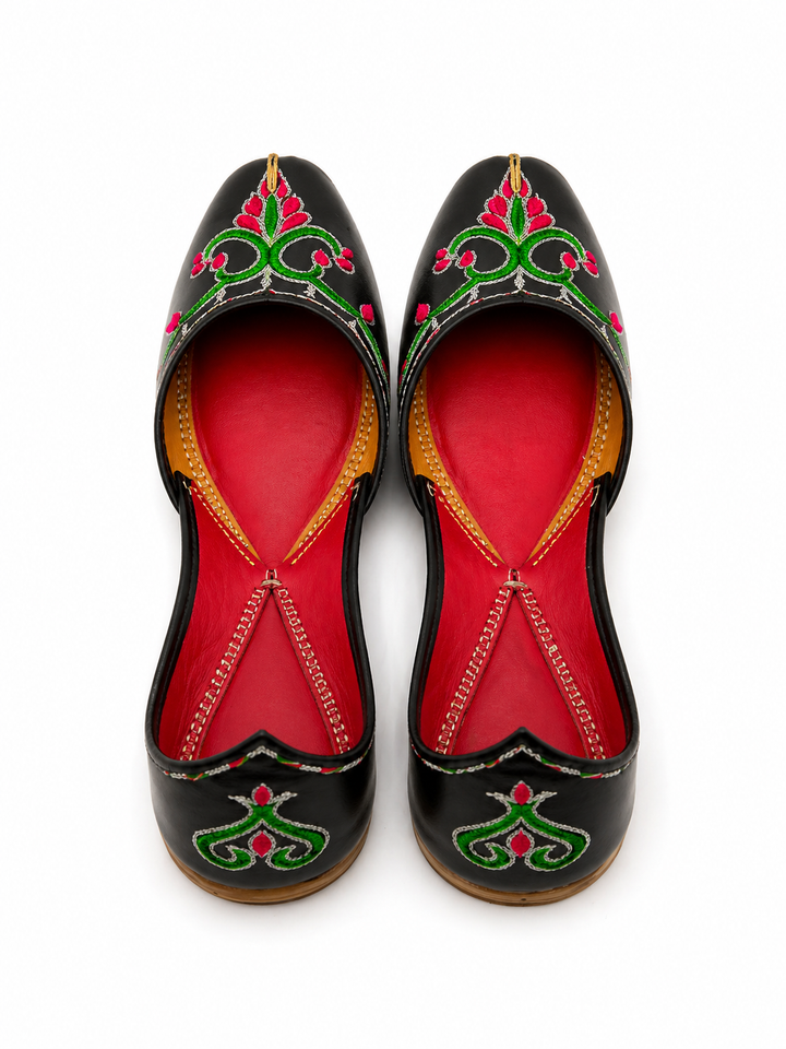 Black Green Pink Floral Jutti – Ladies Classic Flat