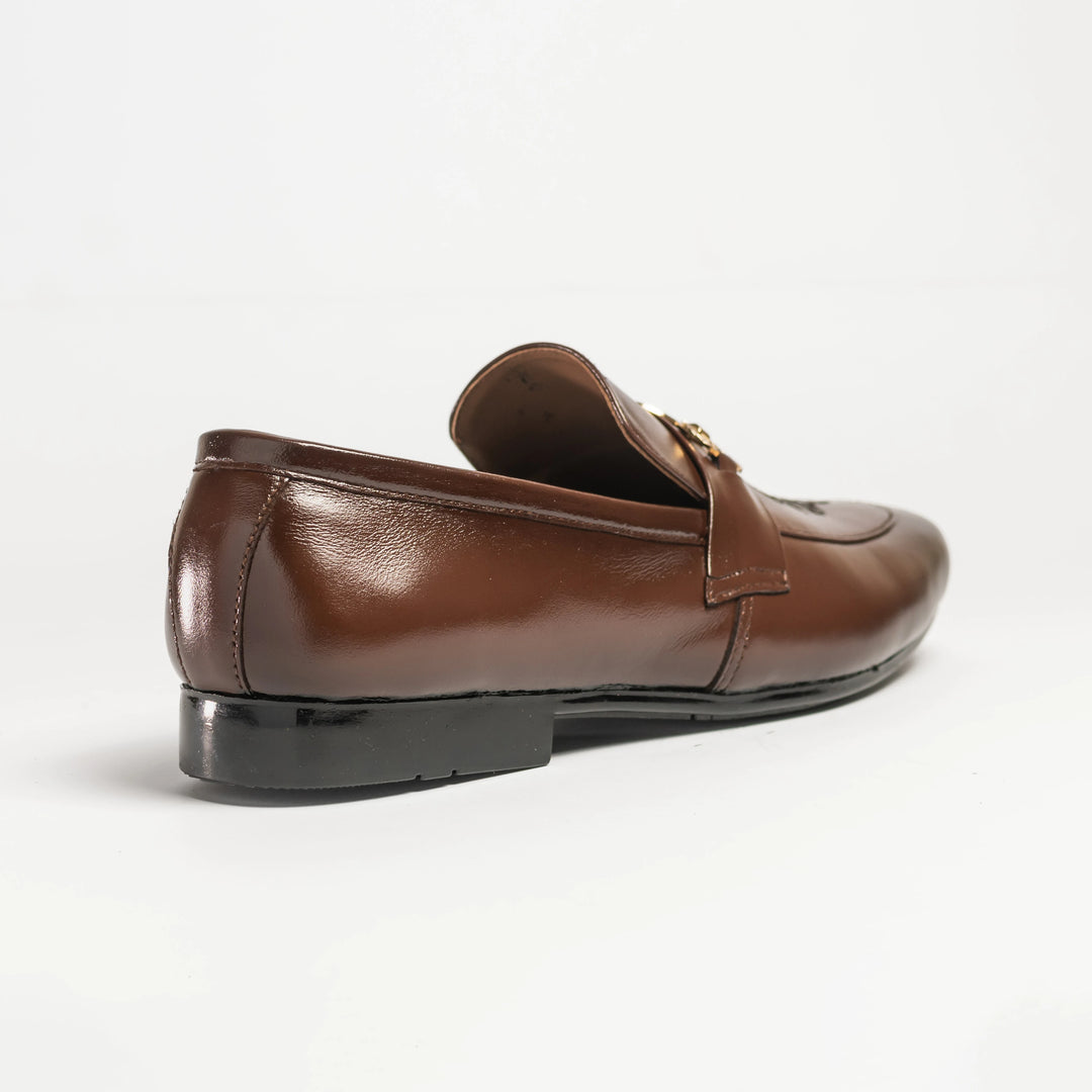 Men's Brown Leather Floral Embroidered Gold V-Buckle Loafers