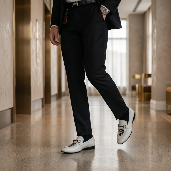 Men's White Embroidered Leather Horsebit Loafers