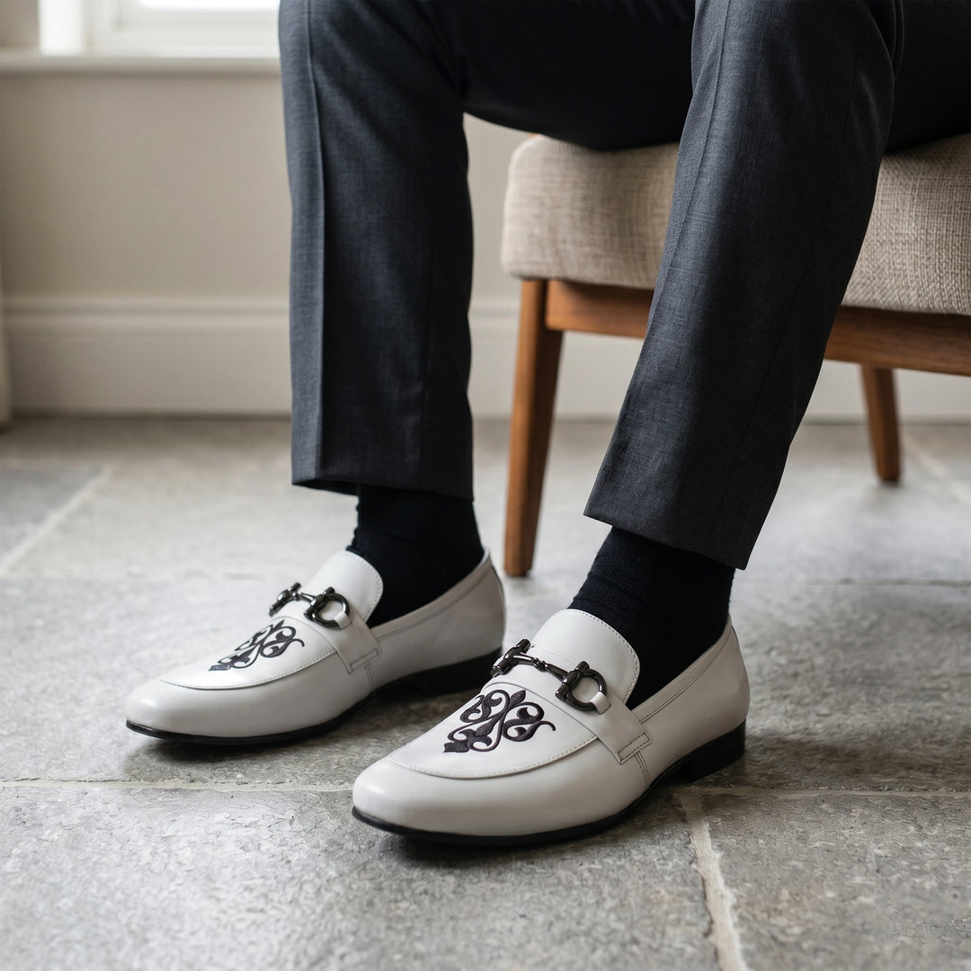 Men's White Embroidered Leather Horsebit Loafers