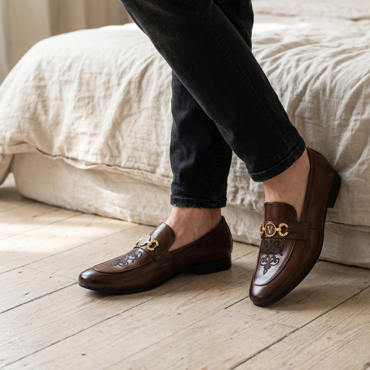 Men's Brown Leather Floral Embroidered Gold V-Buckle Loafers
