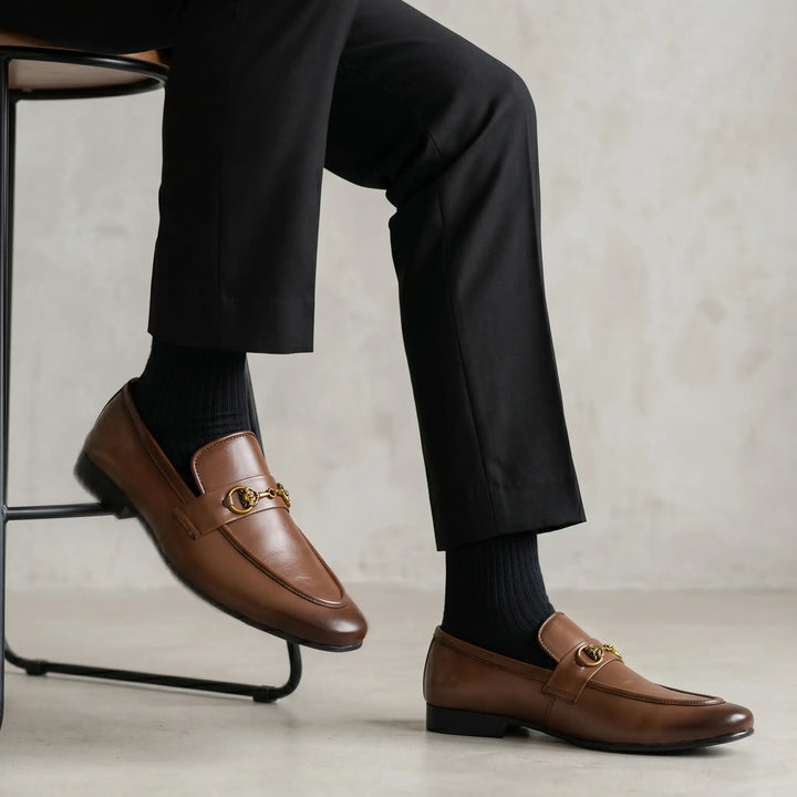 Men's Brown Leather Gold Horsebit Loafers