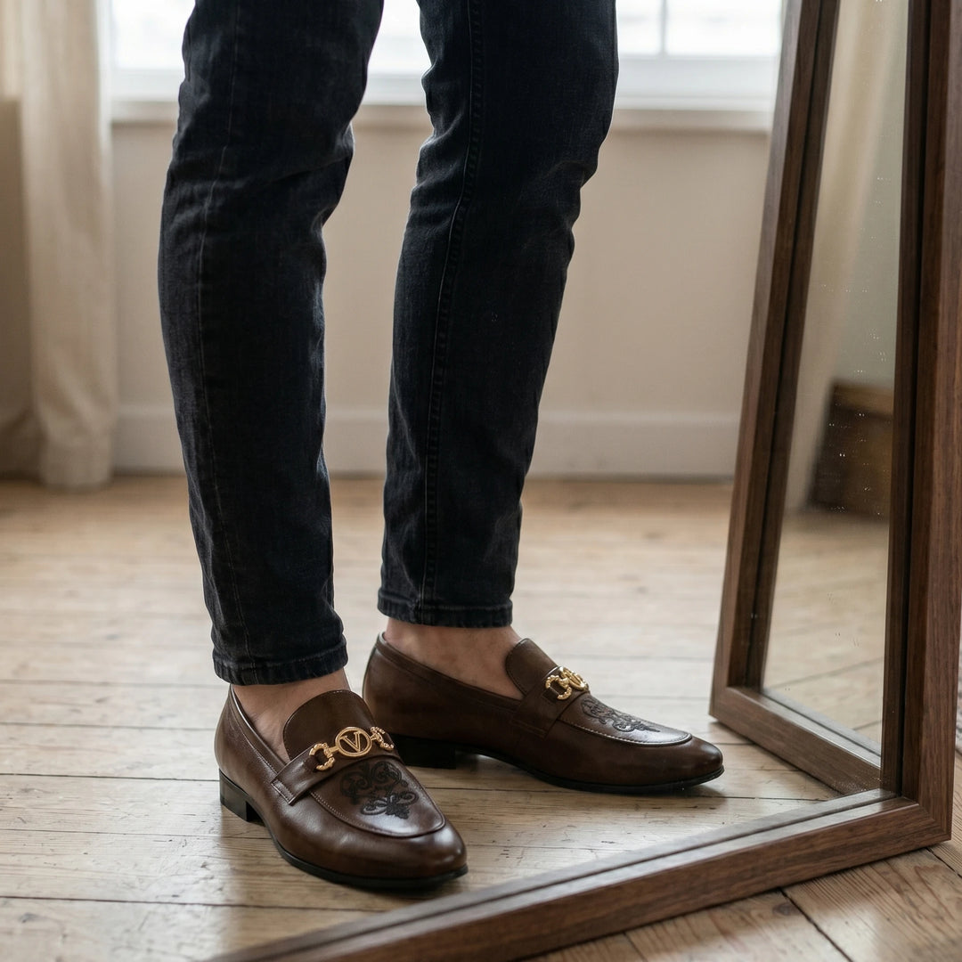 Men's Brown Leather Floral Embroidered Gold V-Buckle Loafers