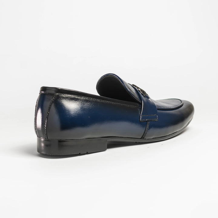 Men's Navy Blue Leather V-Buckle Loafers