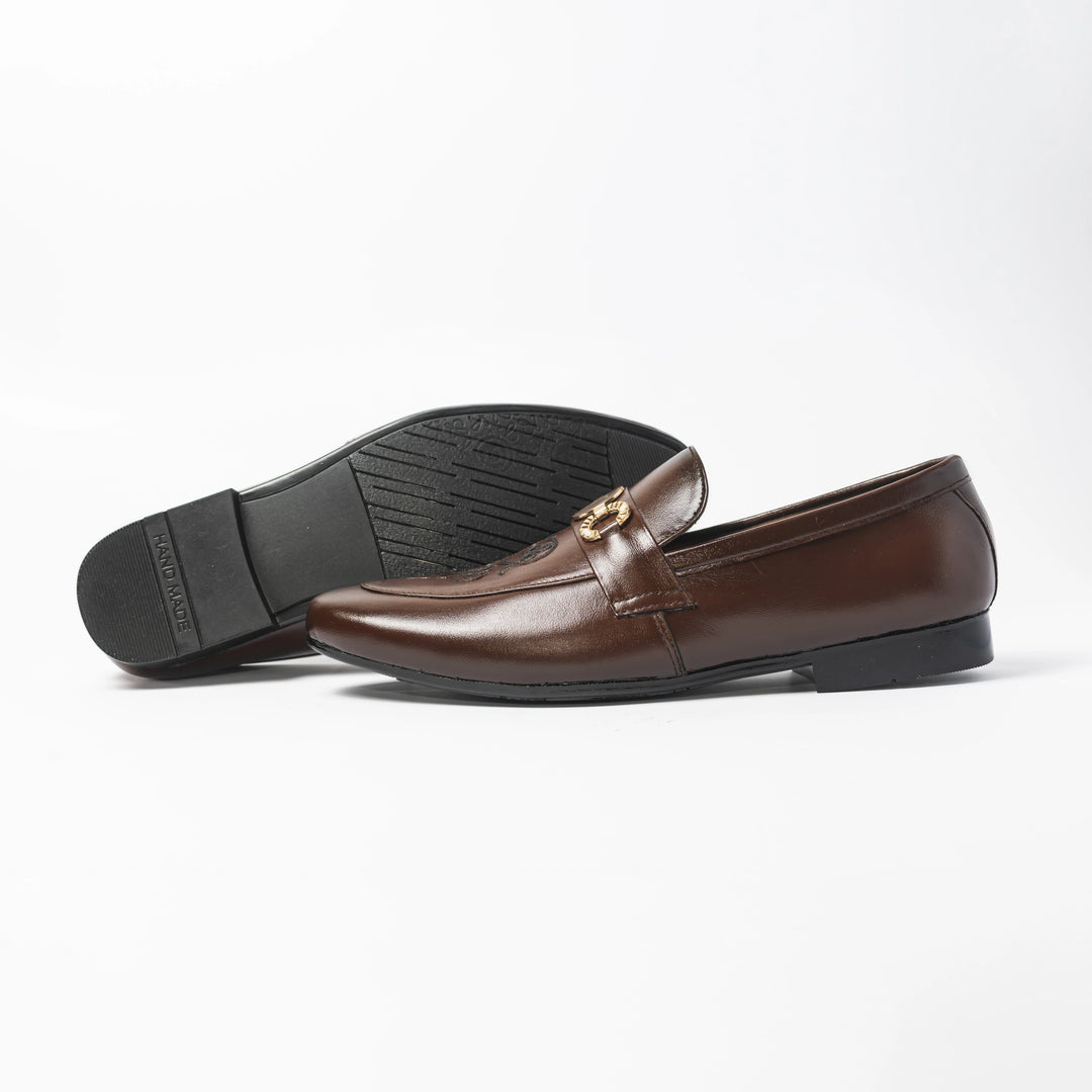 Men's Brown Leather Floral Embroidered Gold V-Buckle Loafers