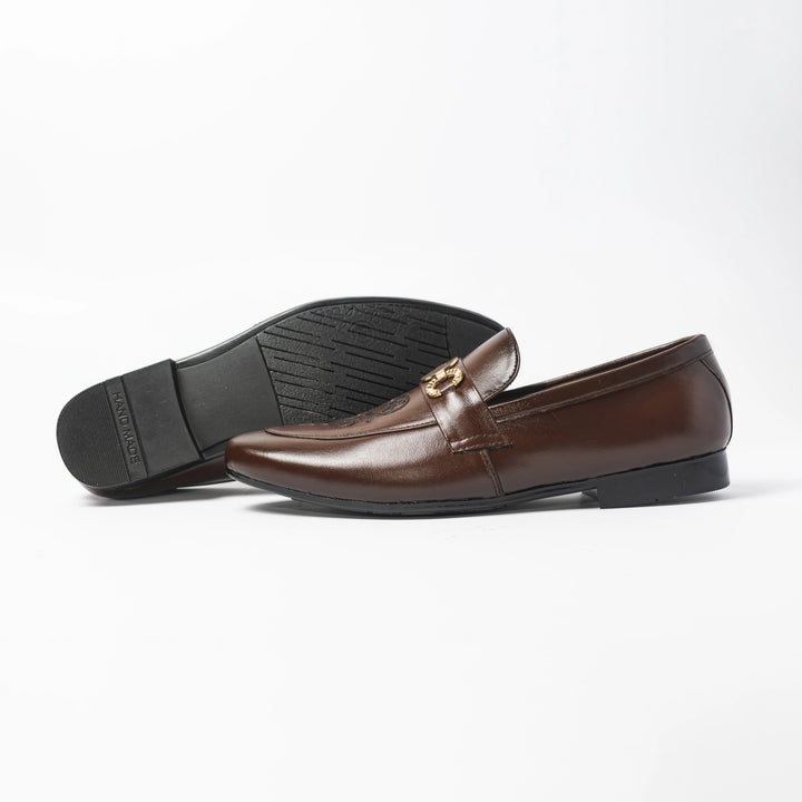 Men's Brown Leather Floral Embroidered Gold V-Buckle Loafers