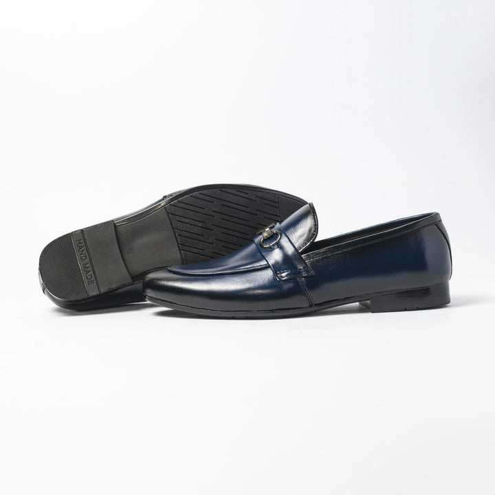 Men's Navy Blue Leather V-Buckle Loafers