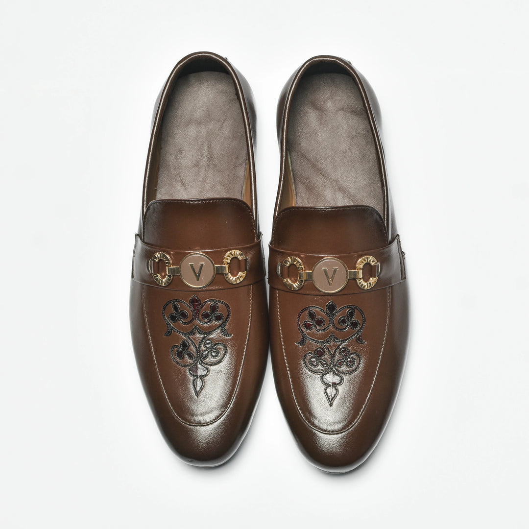 Men's Brown Leather Floral Embroidered Gold V-Buckle Loafers
