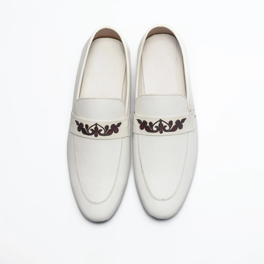 Men's White Leather Floral Embroidered Loafers