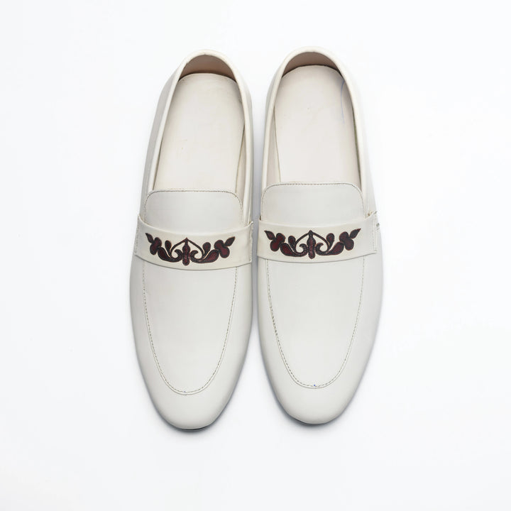 Men's White Leather Floral Embroidered Loafers