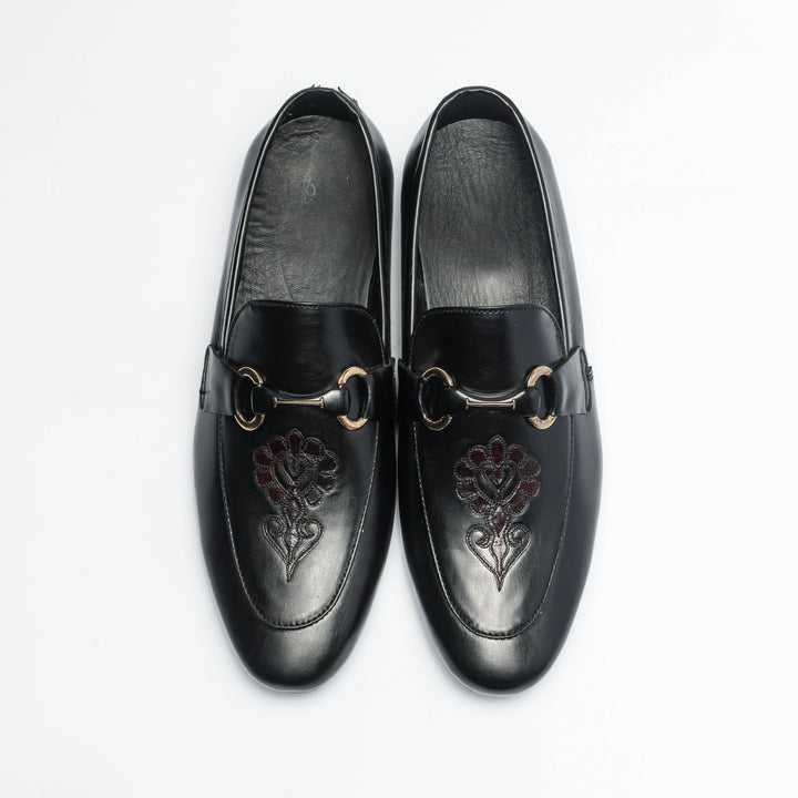 Men's Black Leather Floral Embroidered Horsebit Loafers