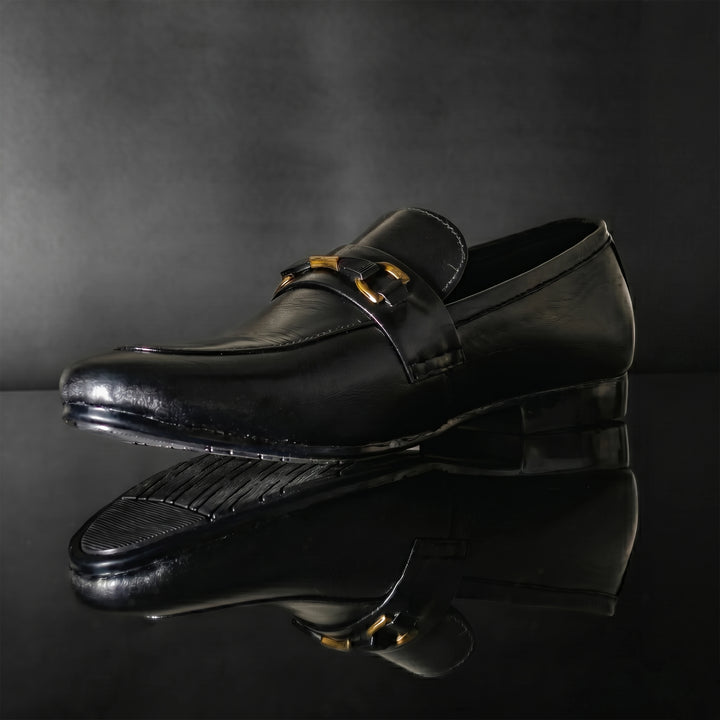 Men's Black Leather Gold Horsebit Slip-On Loafers