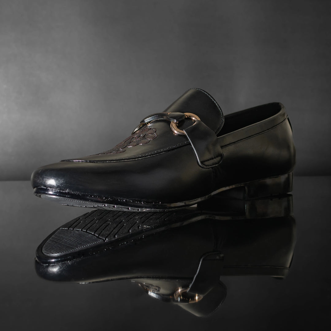 Men's Black Leather Floral Embroidered Horsebit Loafers