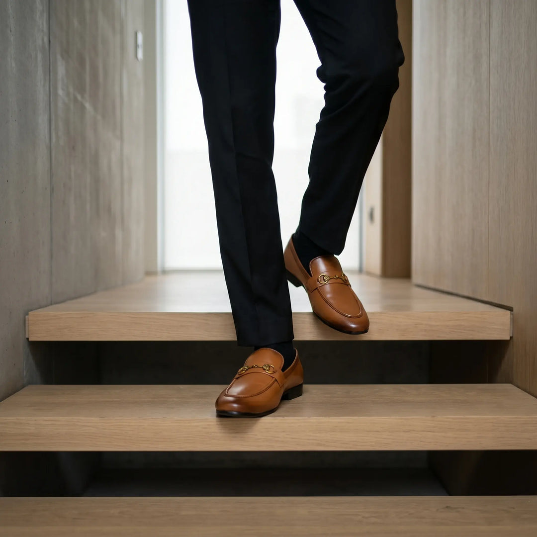 Men's Brown Leather Gold Horsebit Loafers