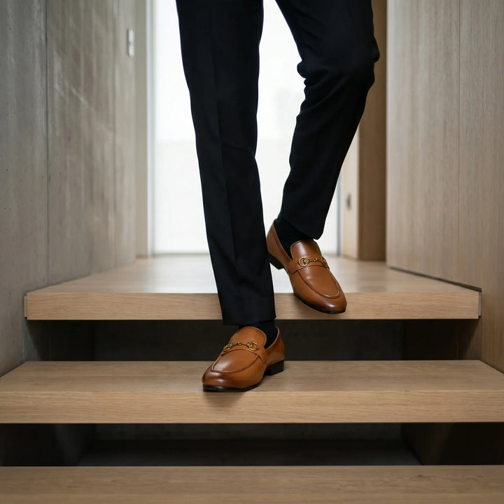 Men's Brown Leather Gold Horsebit Loafers