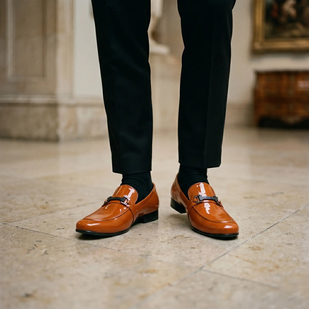 Men's Tan Patent Leather Bit Loafers