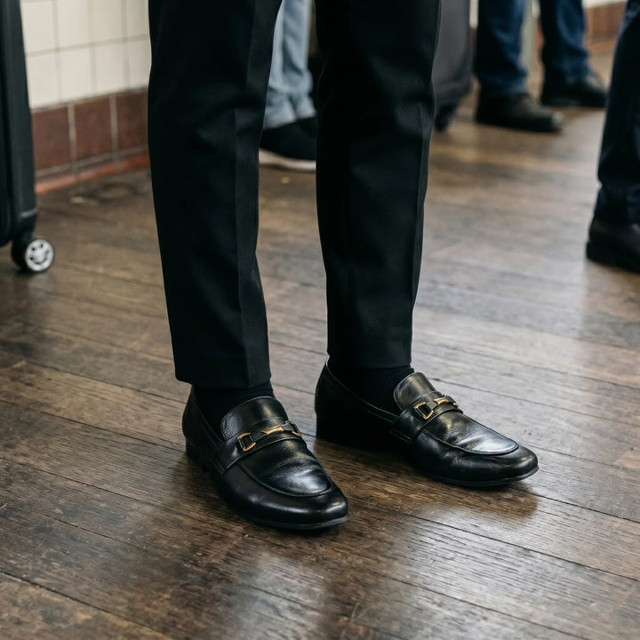 Men's Black Leather Gold Horsebit Slip-On Loafers