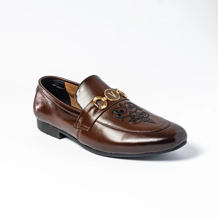 Men's Brown Leather Floral Embroidered Gold V-Buckle Loafers