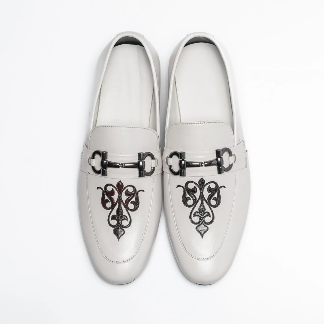 Men's White Embroidered Leather Horsebit Loafers
