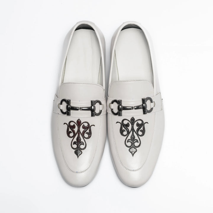 Men's White Embroidered Leather Horsebit Loafers